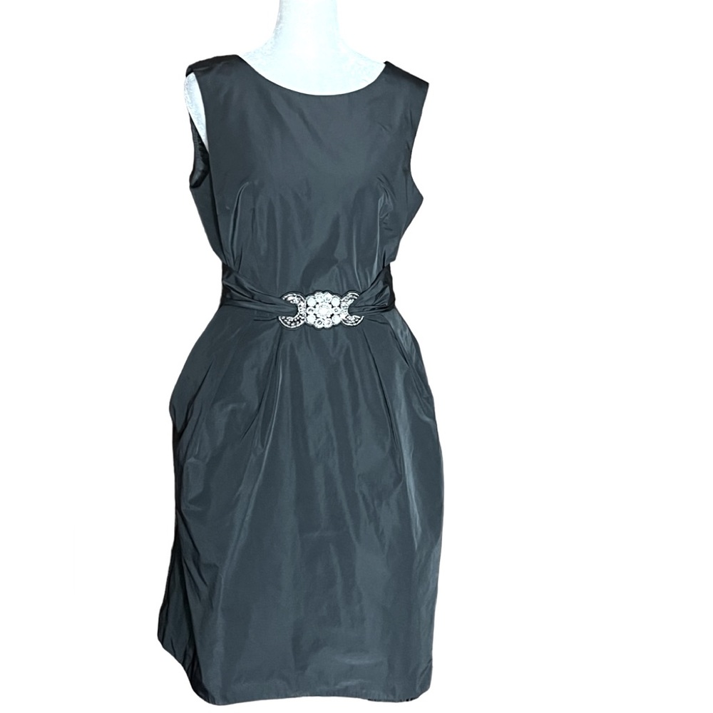 COLLECTIONS BY LOUREA BLACK TAFFETA PEARL WAIST TIE MIDI FORMAL DRESS EUC 12